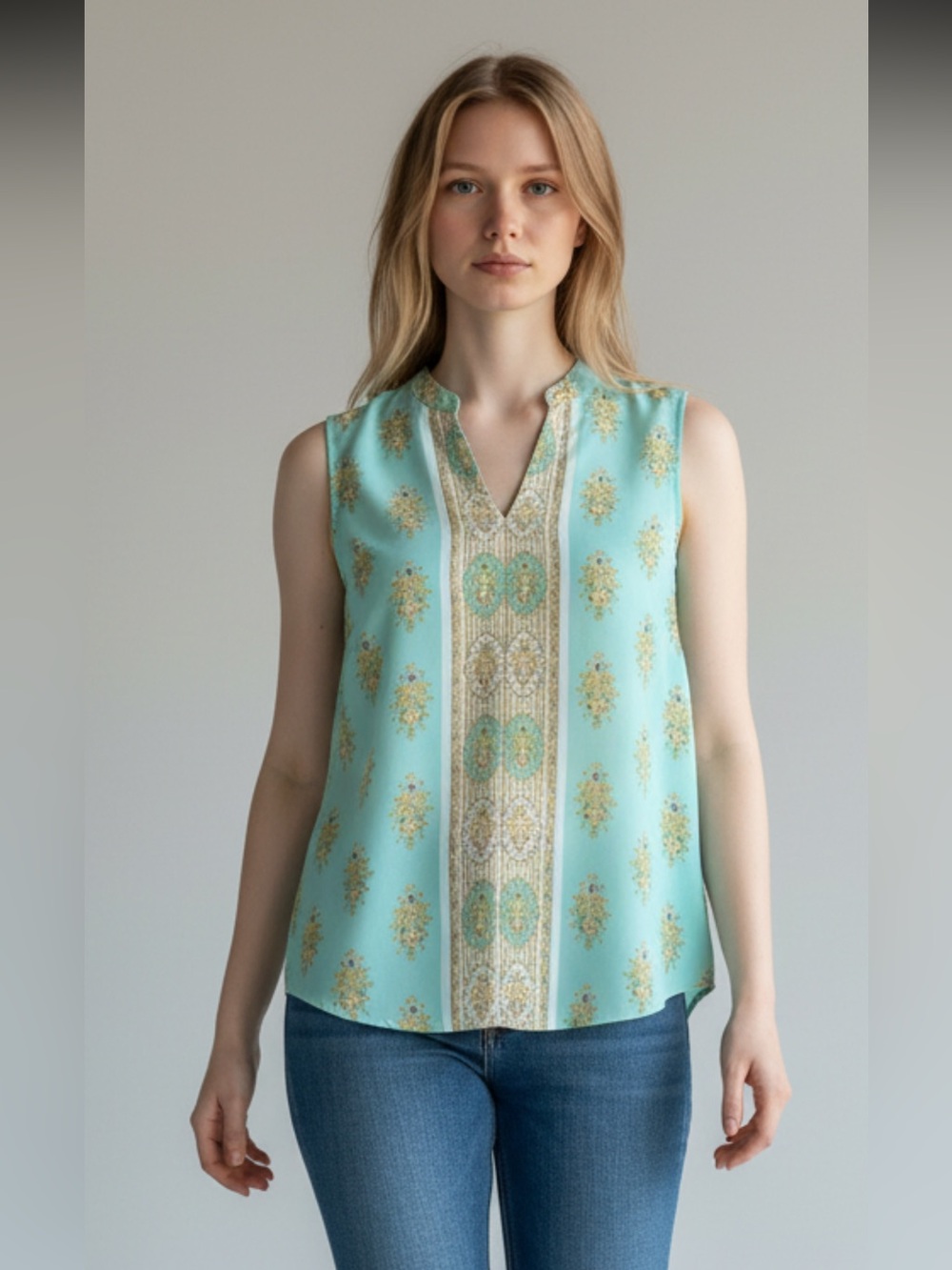 Rose & Olive Mint Floral Medallion V-Neck Tank Boho Oversized Size XS